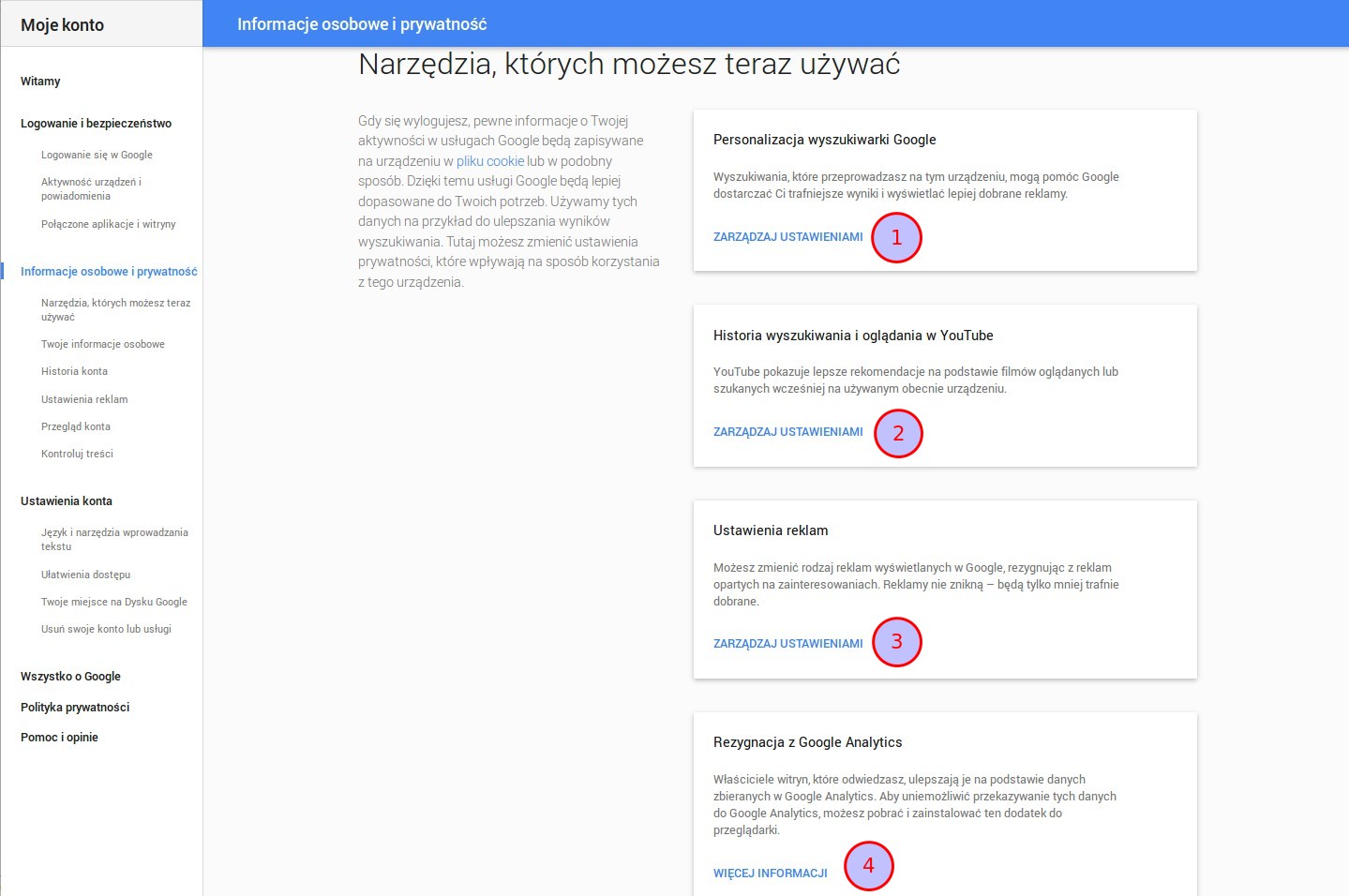 Panel ustawień prywatności konta Google