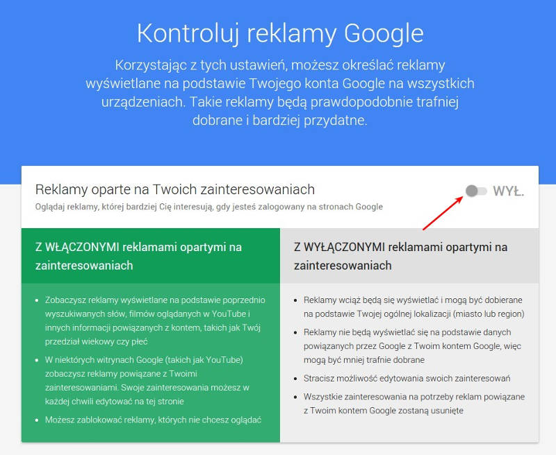 Wyłączenie personalizowanych reklam w Google