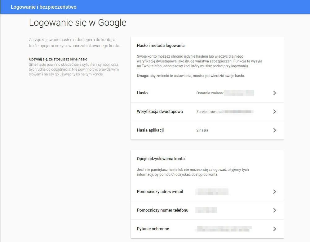 Ustawienia bezpieczeństwa konta Google