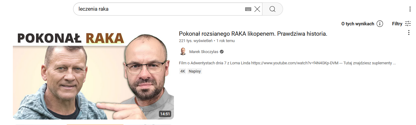 Youtube wyniki wyszukiwania na hasło "leczenie raka"