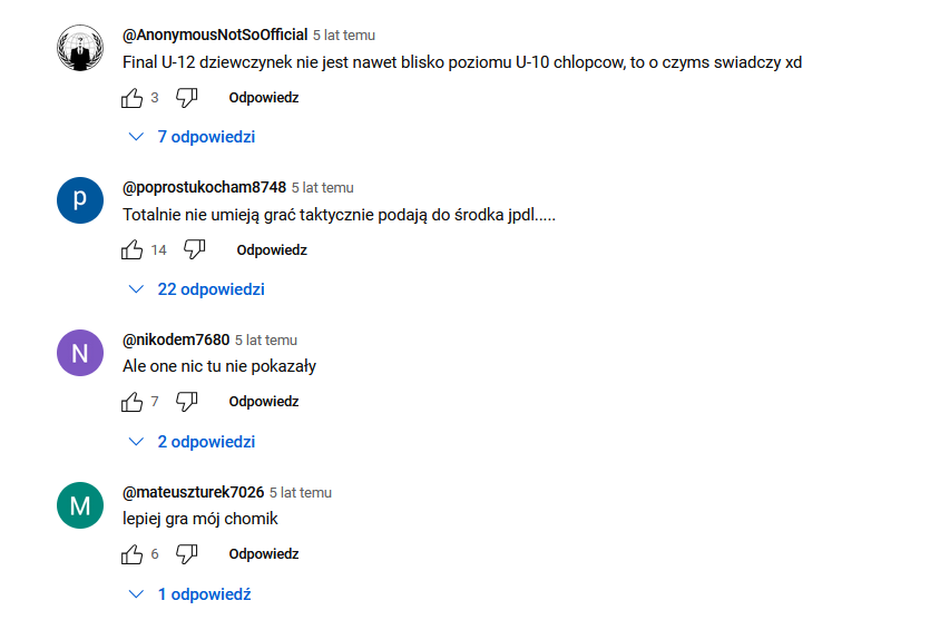 Komentarze pod meczem dziewczynek