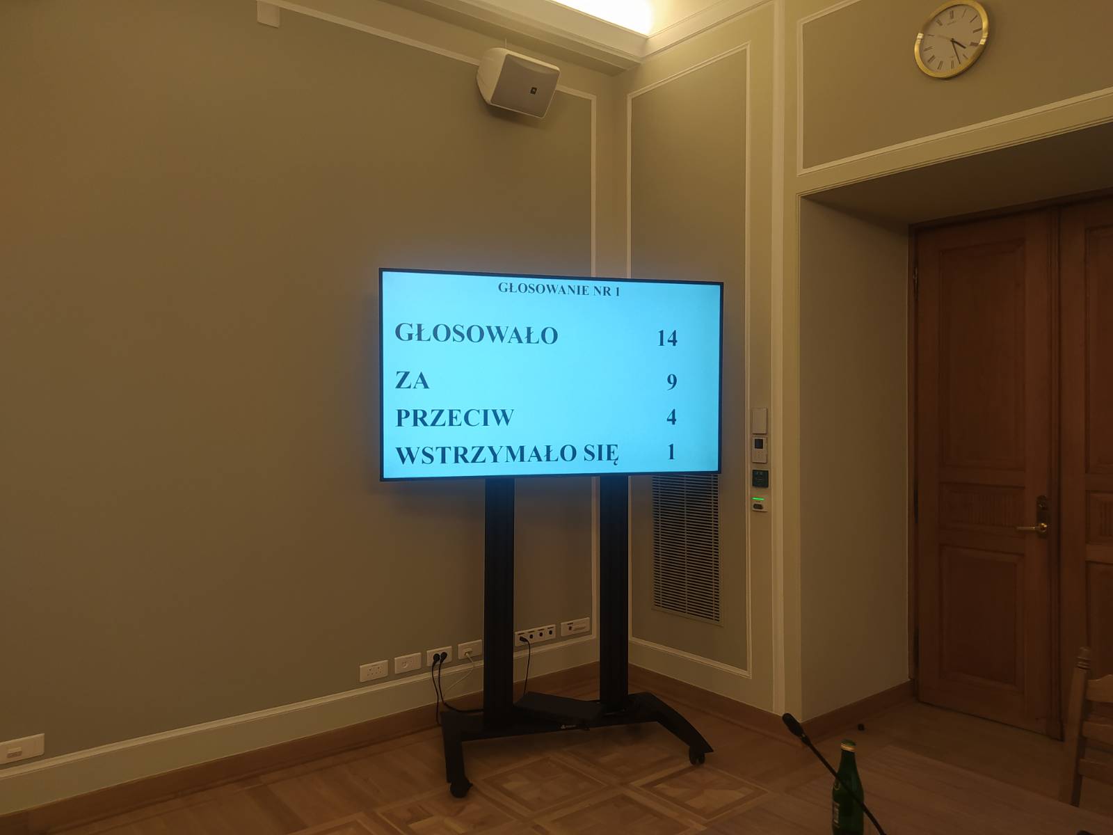 Tablica z wynikami głosowania - za 9 głosów, przeciw 4, wstrzymanych 1
