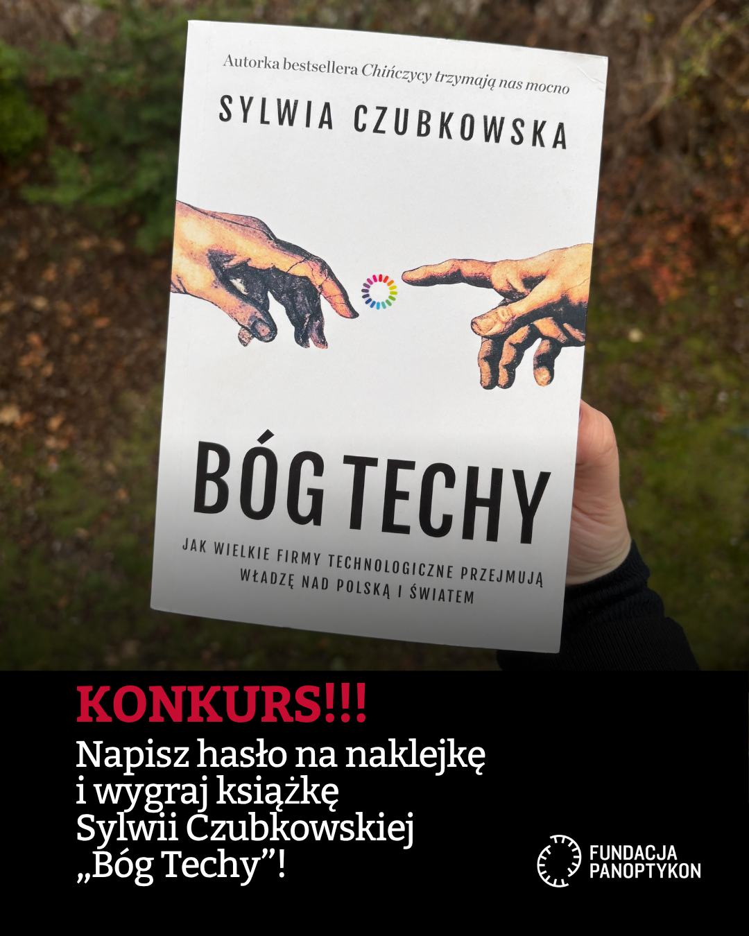 Zdjęcie okładki książki "Bóg techy" i napis; Konkurs!!! Napisz hasło na naklejkę i wygraj książkę