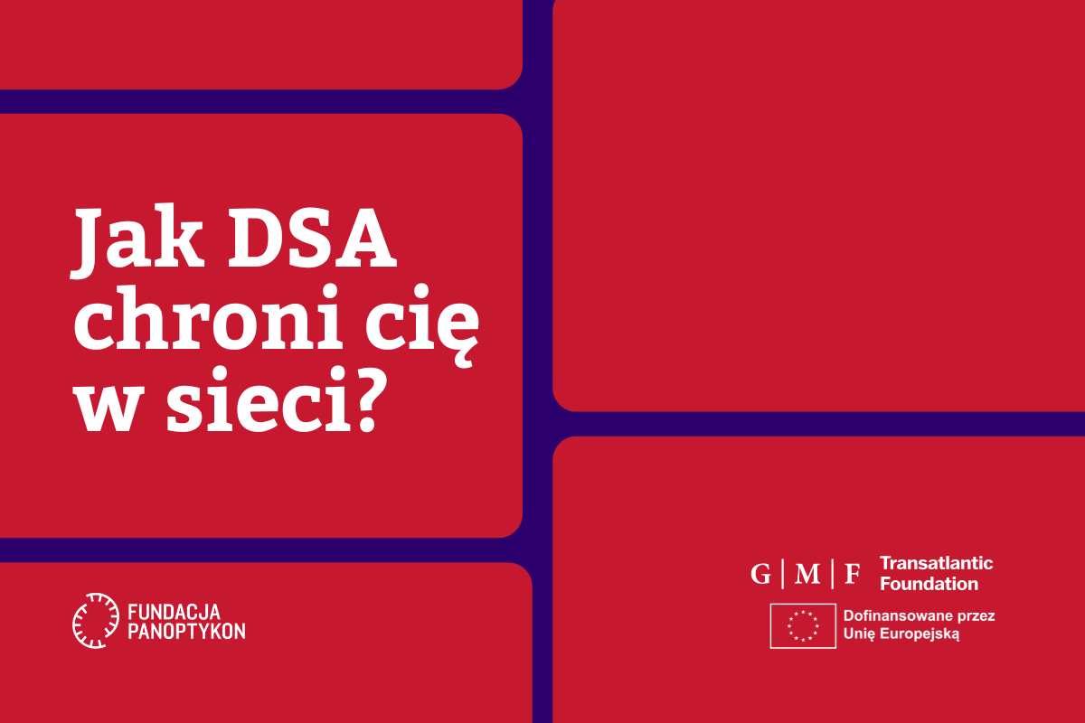 Czerwone prostokąty na granatowym tle z napisem: Jak DSA chroni cię w sieci?