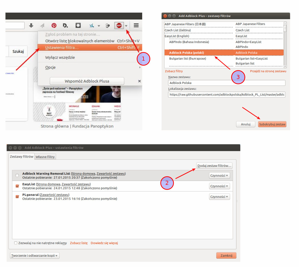 Ustawienia AdBlock Plus. Dodawanie nowej listy filtrów.