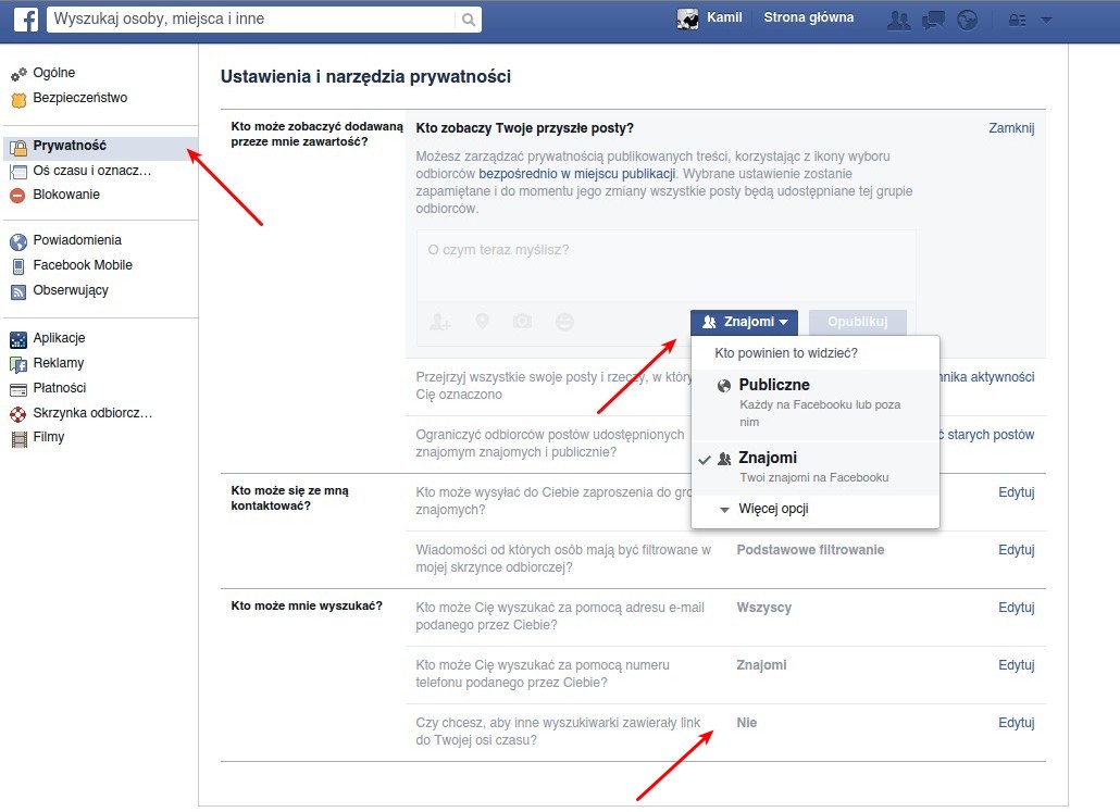 Ilustracja 3. Panel ustawień prywatności. Tu zdefiniujesz, kto będzie mógł oglądać Twoje posty, kto będzie mógł się z Tobą kontaktować lub wyszukiwać Twój profil (znajomi, znajomi znajomych, wszyscy).