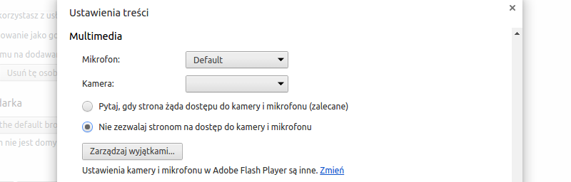 Ilustracja 6.  Szczegółowe ustawienia treści w Chromium zawierają również ustawienia dot. zgody na uruchamianie przez strony mikrofonu i kamery i udostępnianie naszej lokalizacji. Powinny być zawsze wyłączone.