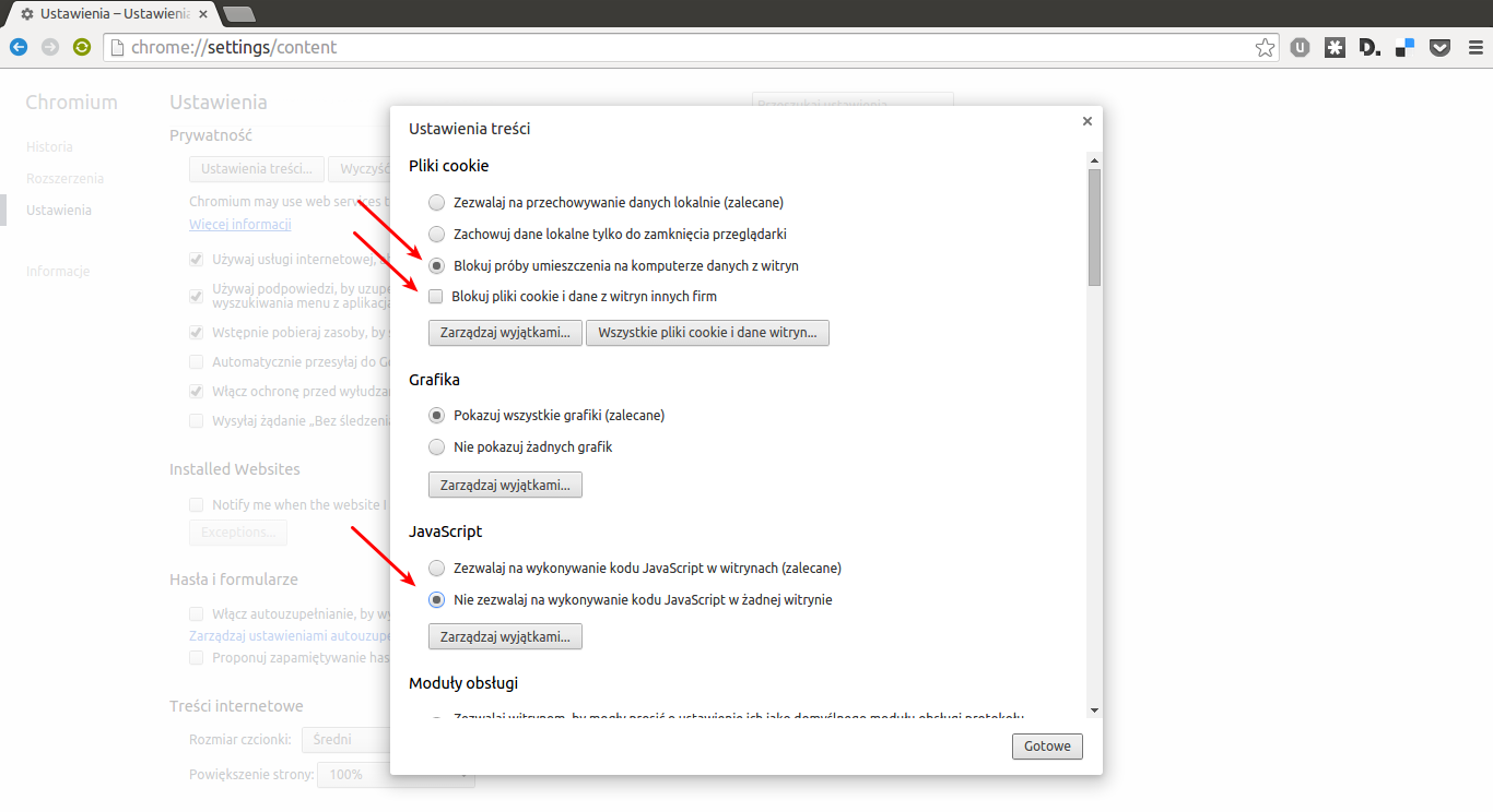 Ilustracja 5. Szczegółowe ustawienia treści w Chromium pozwalają również na blokowanie ciasteczek oraz uruchamianie kodu JavaScript.
