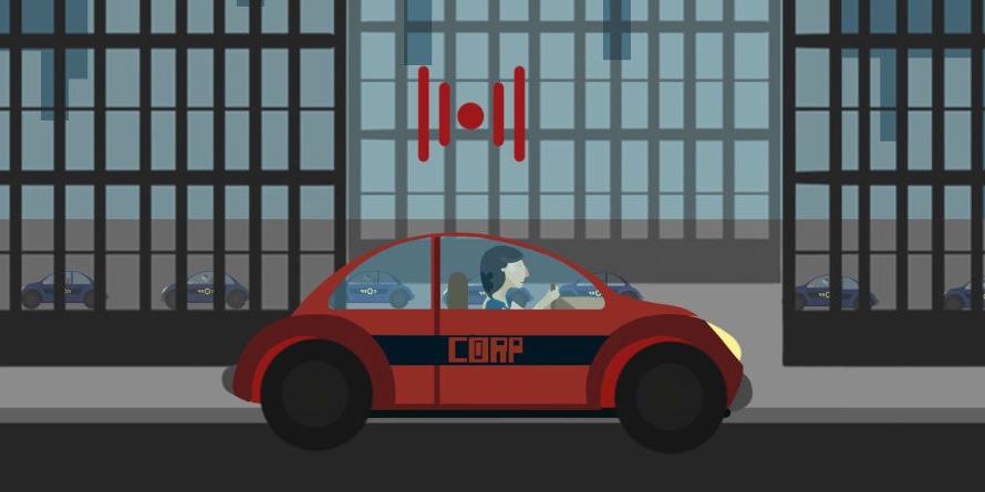 Kadr z animacji Nowoczesność. Samochód na sygnale jadący przez miasto.