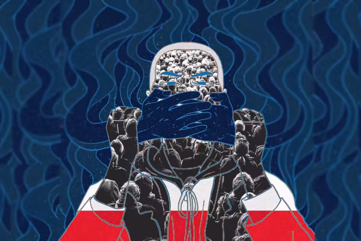 Grafika z postacią ubraną w polską flagę z zasłoniętymi ustami przez osobę trzecią