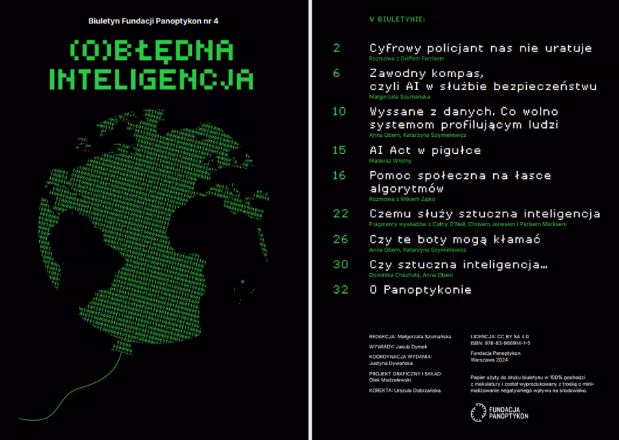 okładka biuletynu Fundacji Panoptykon z tytułem: Obłędna inteligencja
