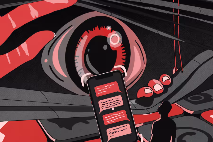 Grafika przedstawia oko podglądające osobę przez telefon