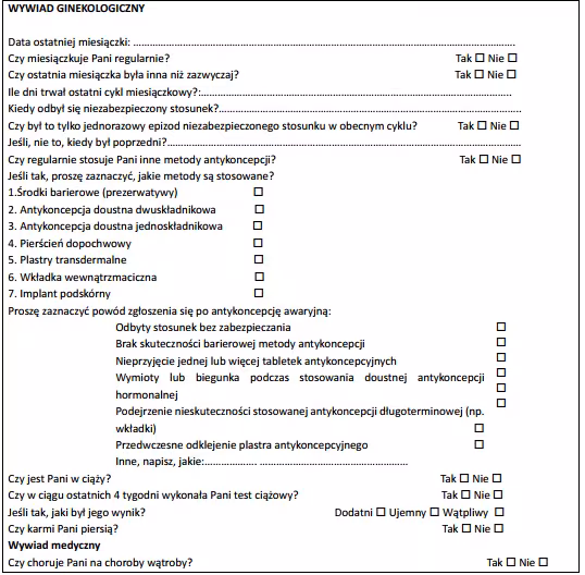 formularz wywiadu ginekologicznego dla farmaceutów