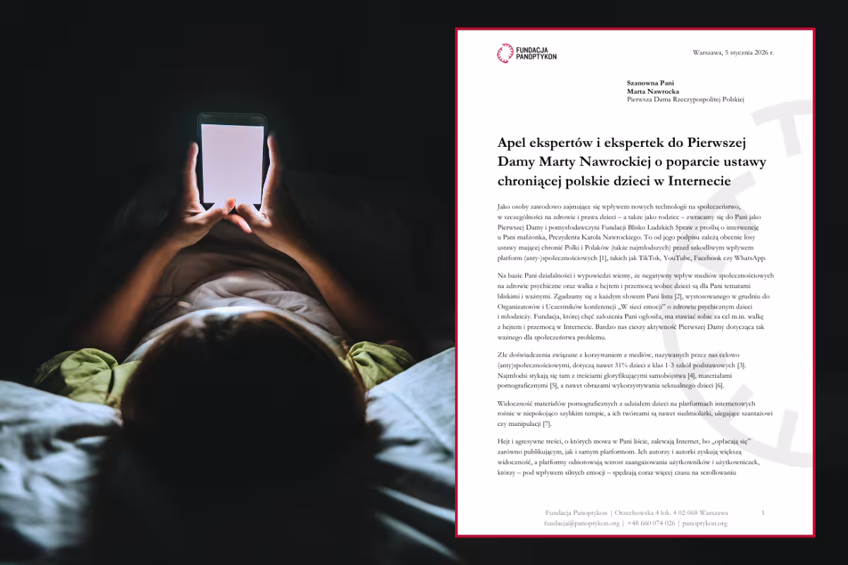 Kolaż zdjęcia dziecka z telefonem i apelu do Pierwszej Damy