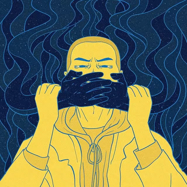 Grafika z postacią z zasłoniętymi ustami