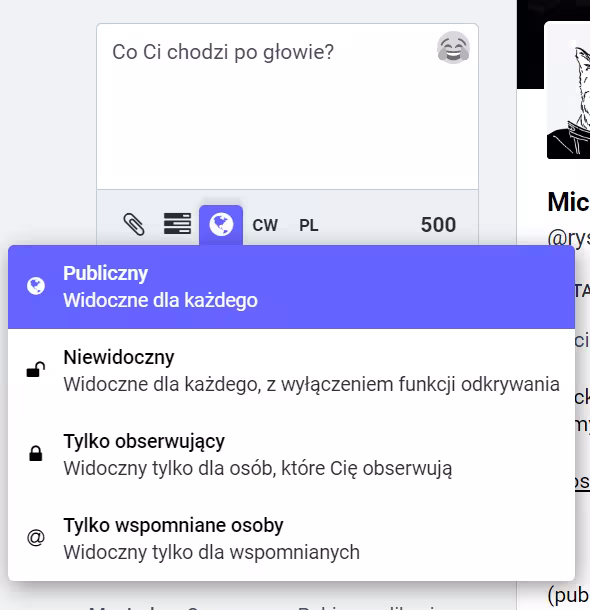 Widoczność posta na Mastodonie: publiczny, niewidoczny, tylko obserwujący lub tylko wspomniane osoby