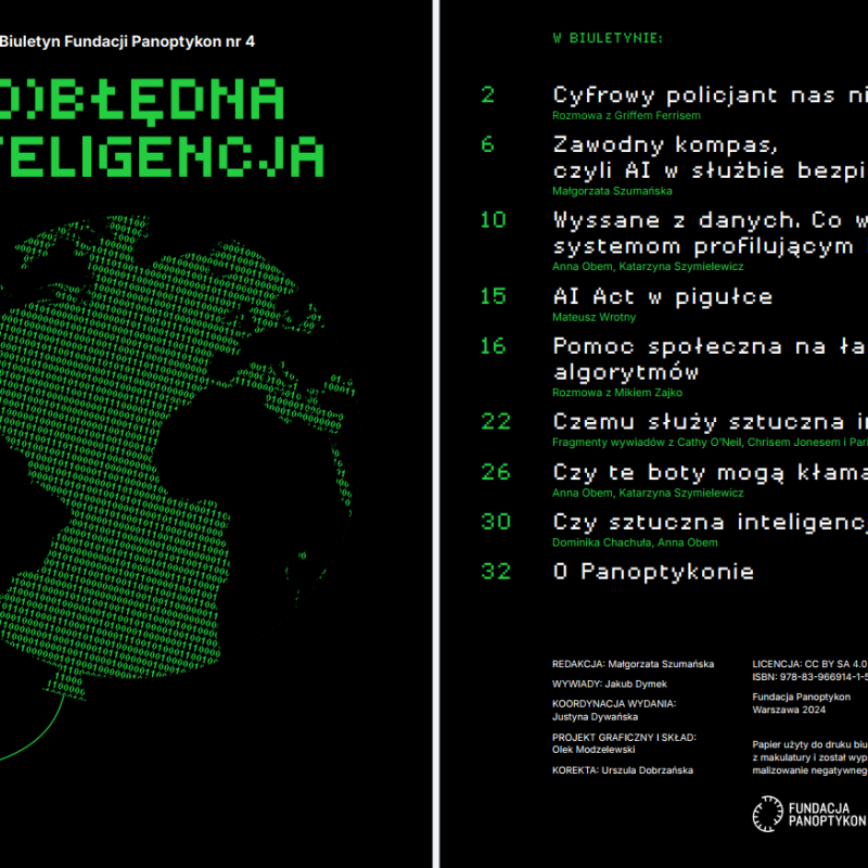 okładka biuletynu Fundacji Panoptykon z tytułem: Obłędna inteligencja