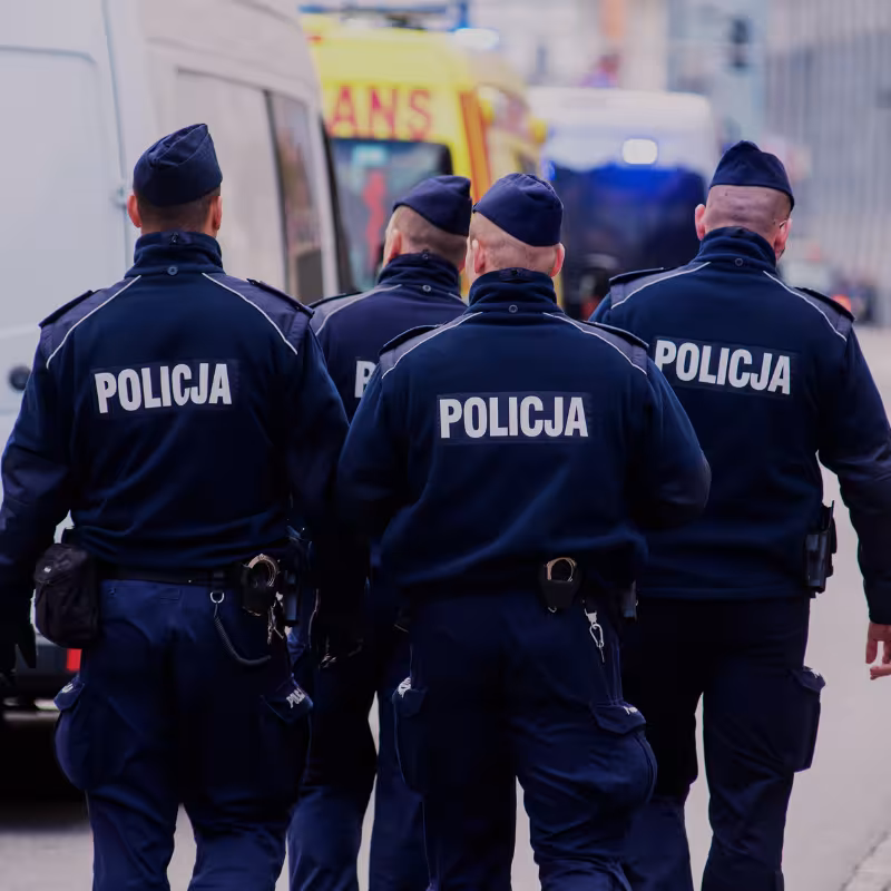 Zdjęcie przedstawiające czterech policjantów ustawionych tyłem