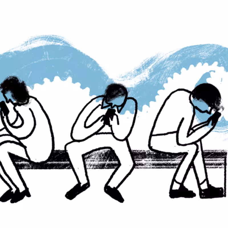 Ludzie wpatrzeni w ekrany siedzą na ławce. Dotyka ich macka ośmiornicy