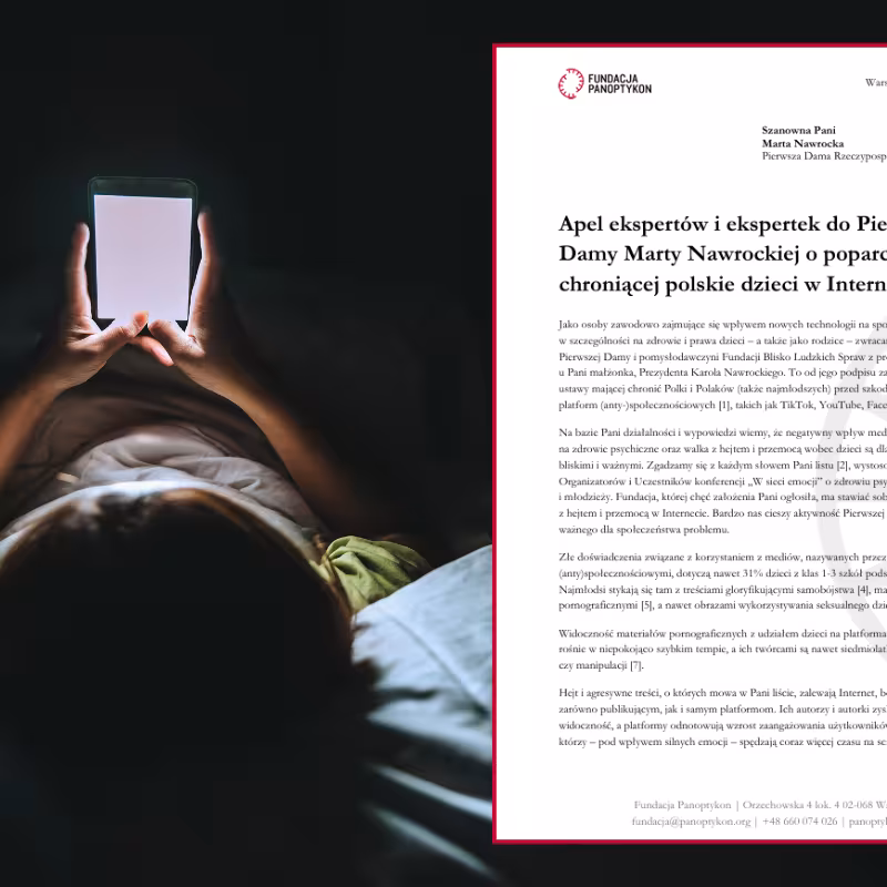 Kolaż zdjęcia dziecka z telefonem i apelu do Pierwszej Damy