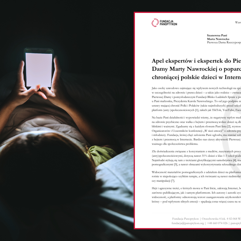 Kolaż zdjęcia dziecka z telefonem i apelu do Pierwszej Damy
