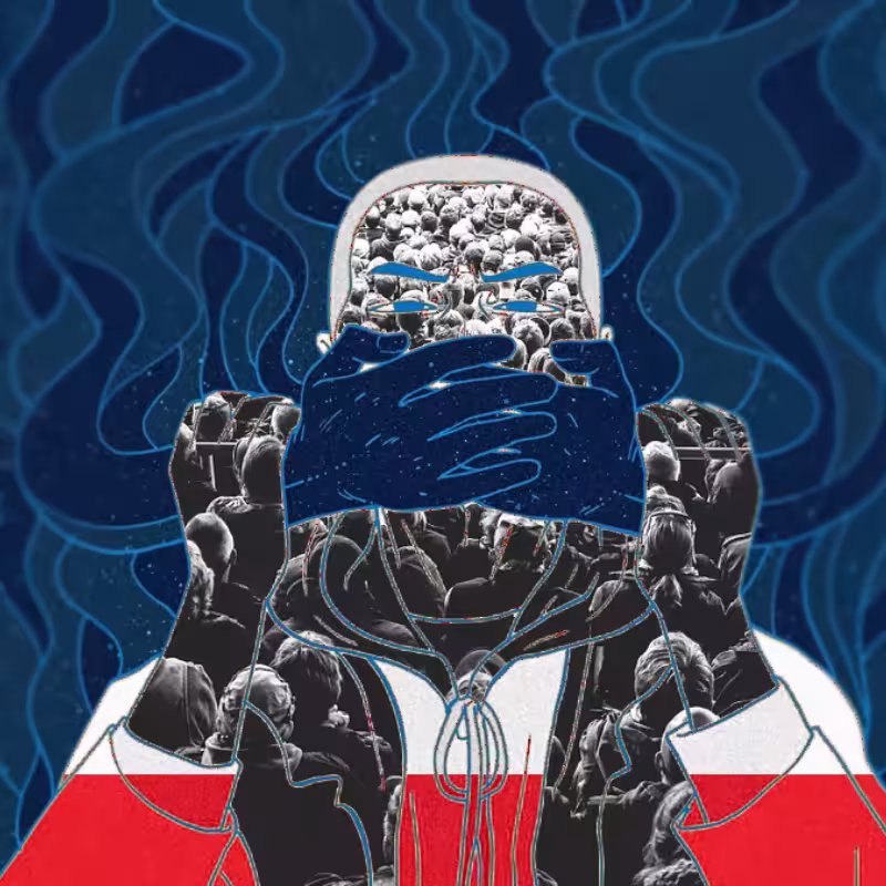 Grafika z postacią ubraną w polską flagę z zasłoniętymi ustami przez osobę trzecią