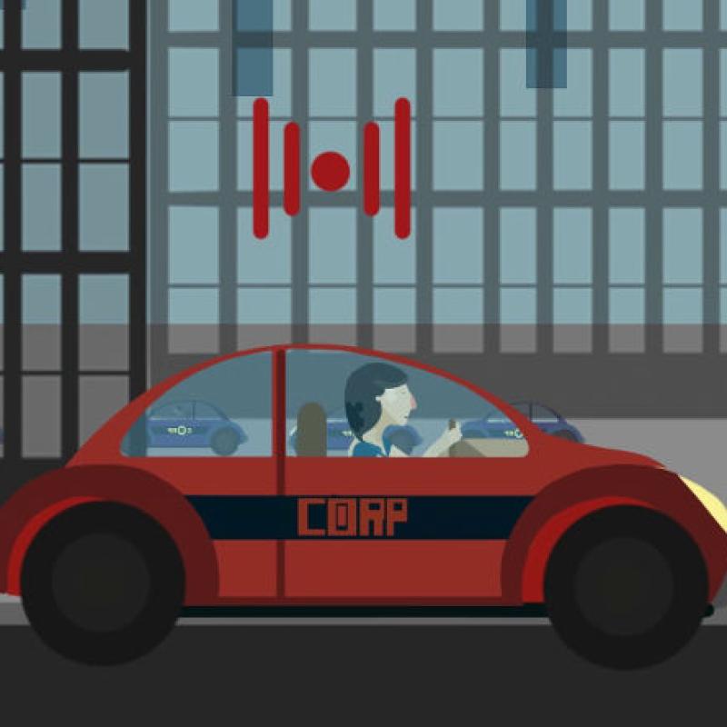 Kadr z animacji Nowoczesność. Samochód na sygnale jadący przez miasto.