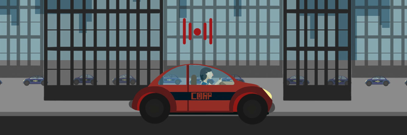 Kadr z animacji Nowoczesność. Samochód na sygnale jadący przez miasto.